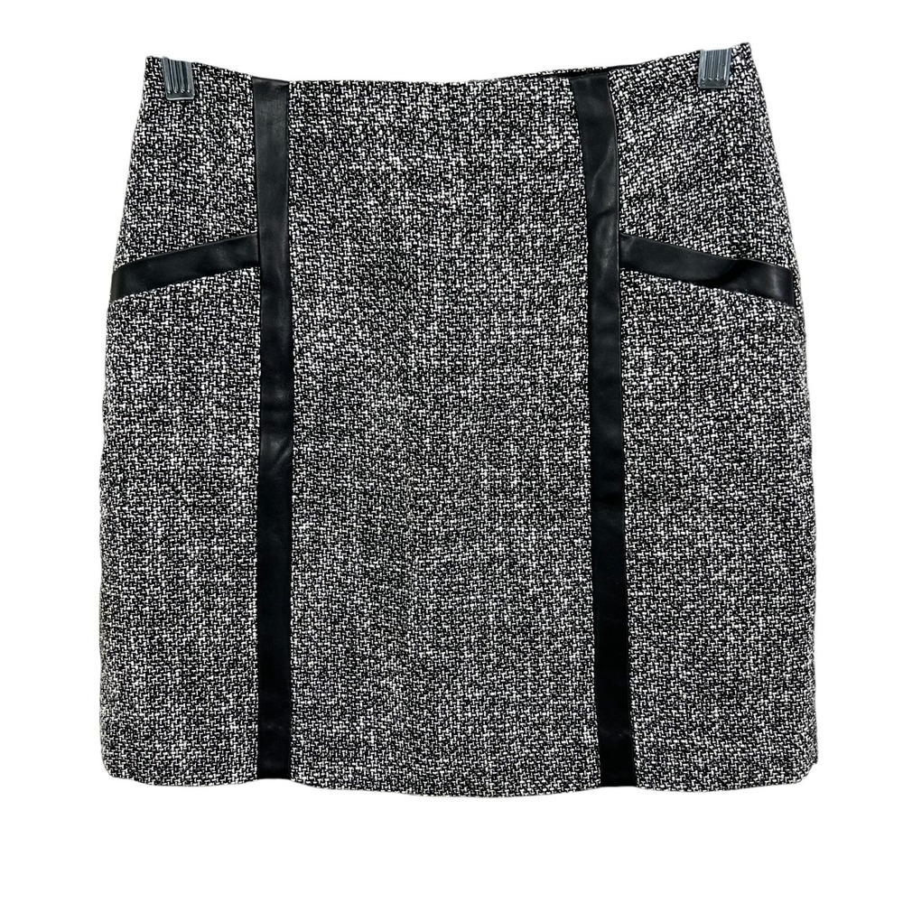 Banana Republic Women Wool Blend Tweed Skirt Vegan Leather Trim Pockets Black 0*